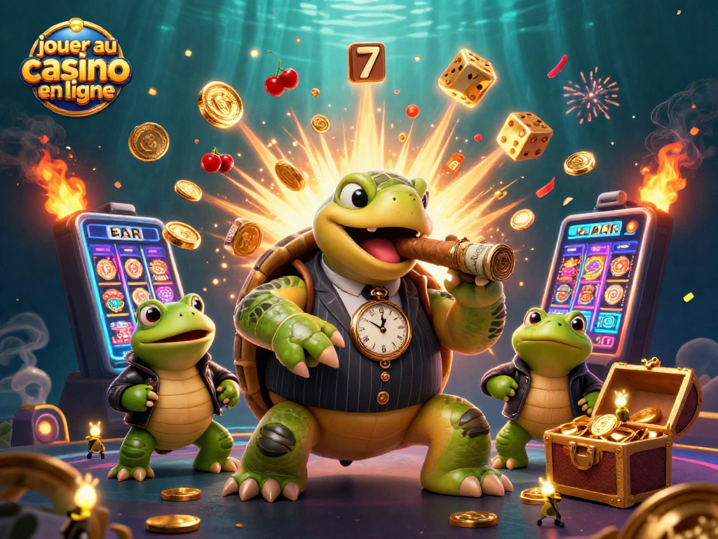 Jouer au casino en ligne avec une tortue massive en costume vintage sur un fond de casino dynamique.