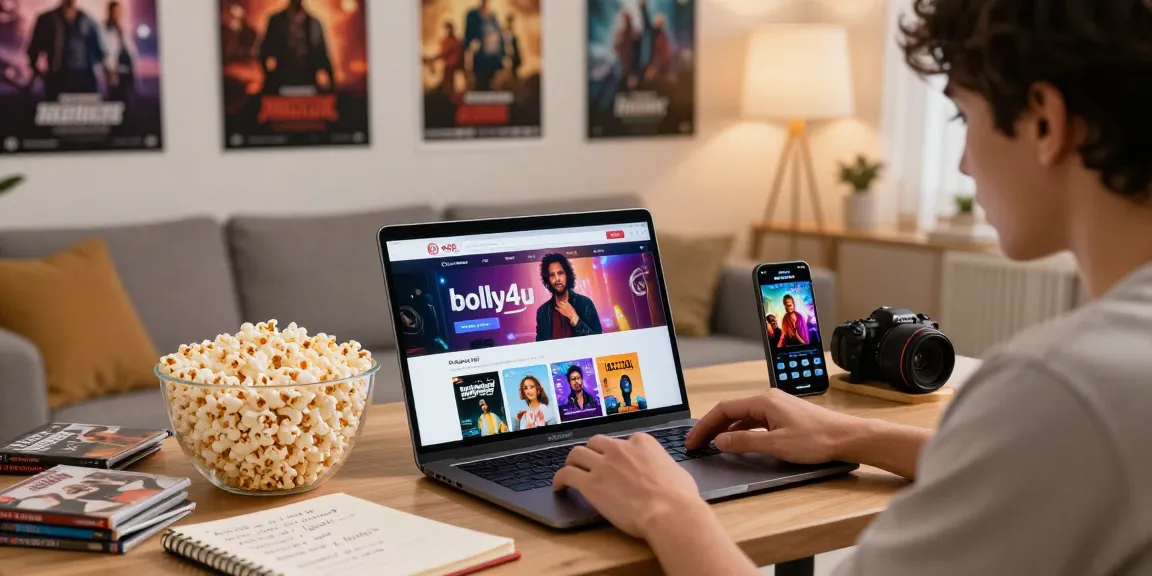 Enjoying bolly4u movies at home with a cozy setup, laptop streaming Bollywood films, and snacks.