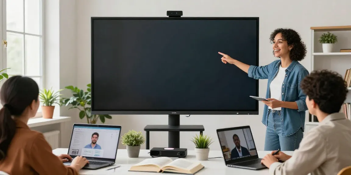 Online English learning session with students and instructor in a vibrant educational environment.