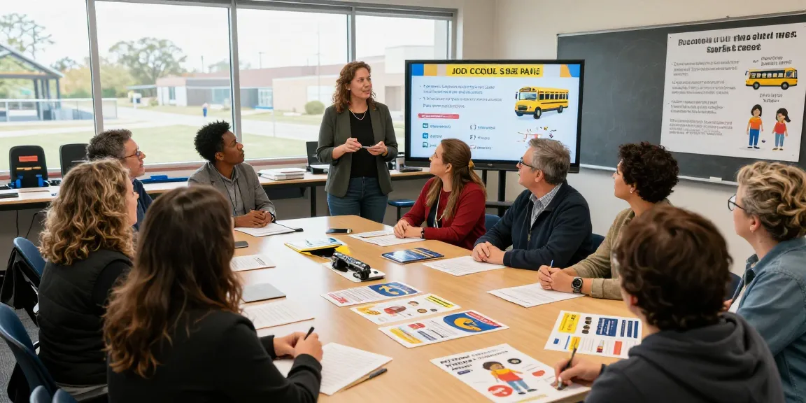 Jodi Ruta advocating for improved school bus safety measures to parents and educators, emphasizing community involvement.