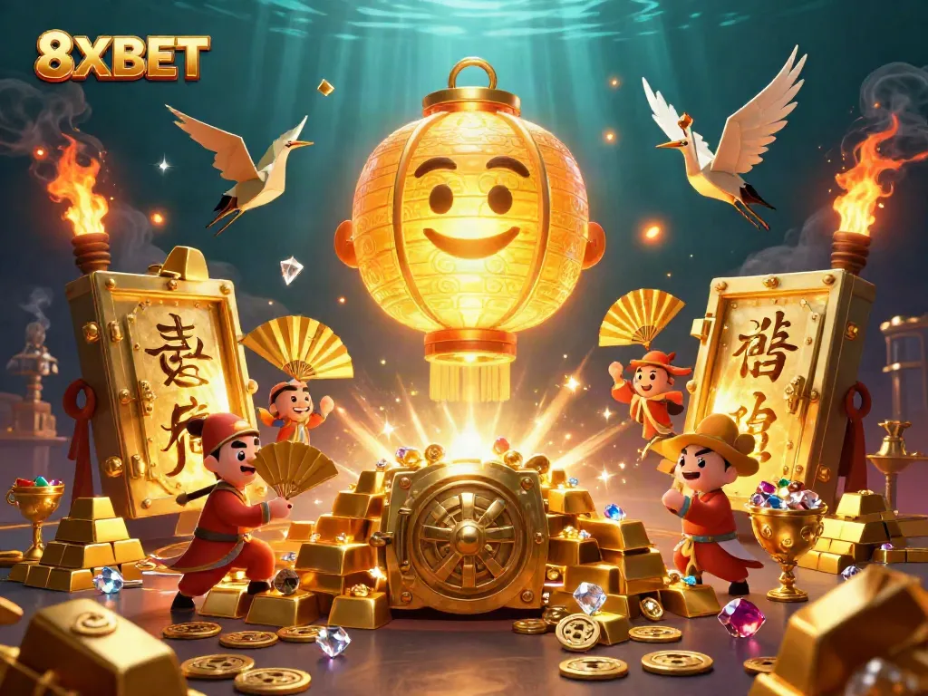 Experience the vibrant 8XBET casino scene overflowing with treasures, winning symbols, and illuminating characters.