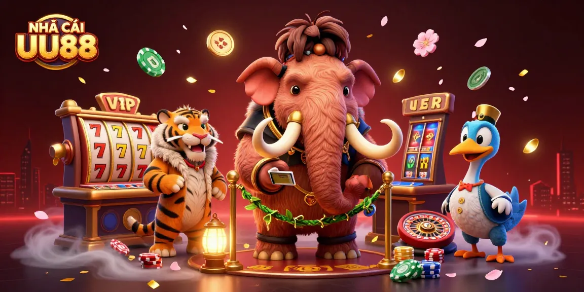 Engage with the exciting world of NHÀ CÁI UU88 featuring vibrant casino elements and lively characters.