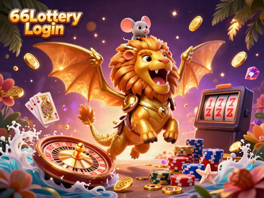 Engage with the excitement of 66Lottery Login, featuring a panoramic scene of fantasy and casino gaming elements.
