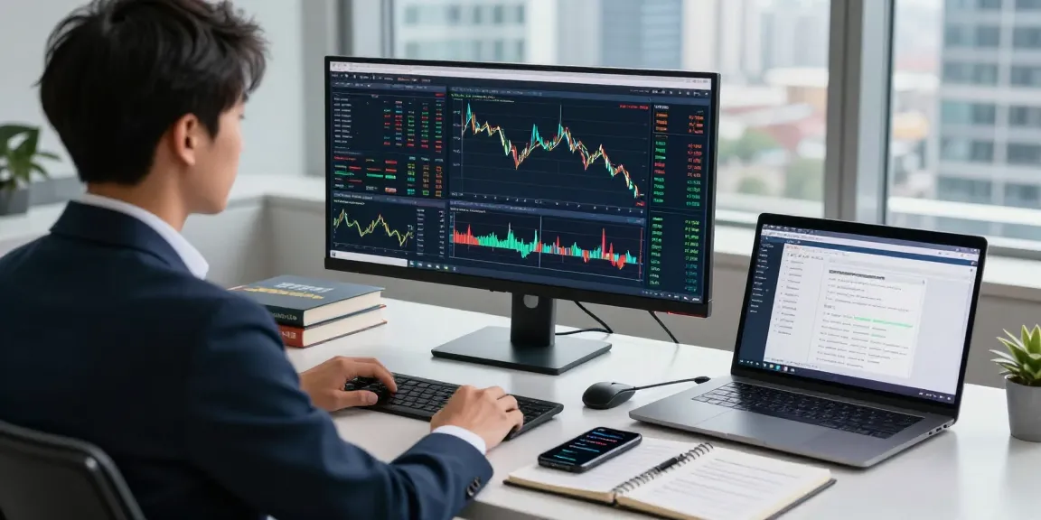 Trader using MetaTrader 5 for market analysis in a modern trading office