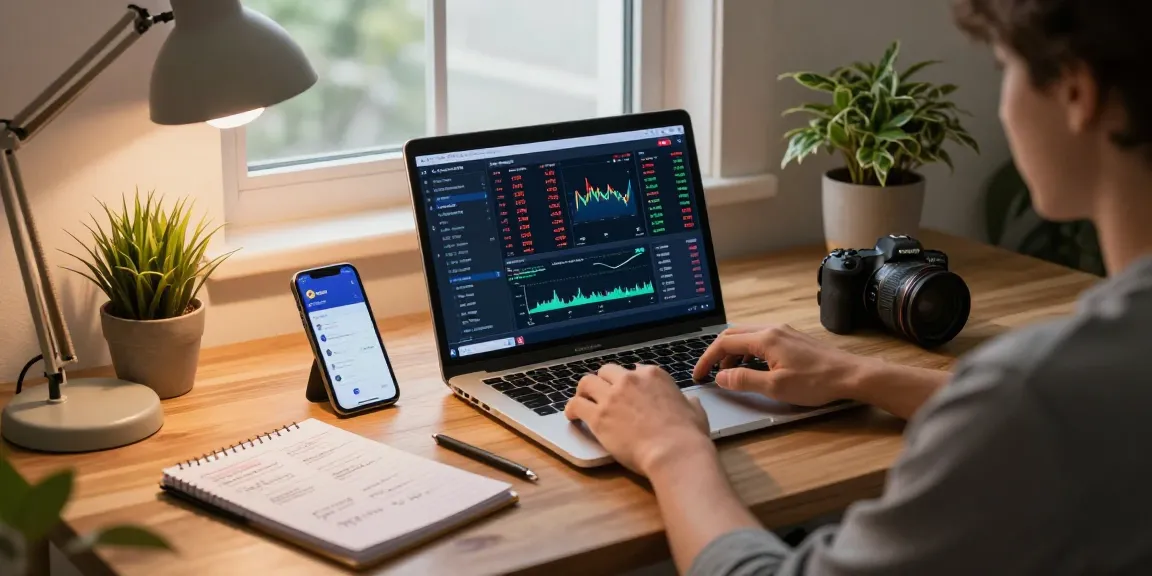 Cricbet99 cryptocurrency trading session in a cozy home office with live charts, digital wallet, and market analysis.