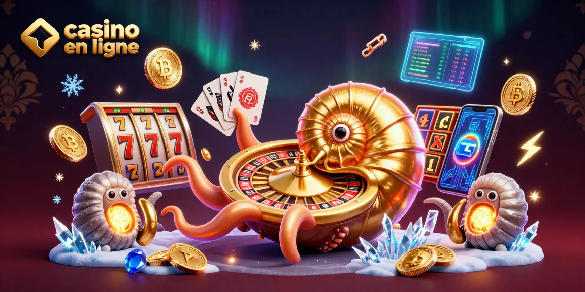 Découvrez le casino en ligne avec une illustration d'un nautilus géant jouant aux cartes et des pièces de cryptomonnaie.