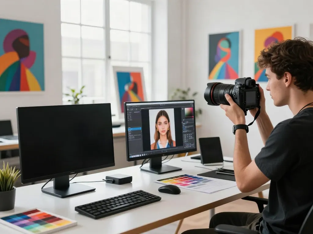 Creating AI image variations in a bright photography studio with digital screens showing colorful artworks.