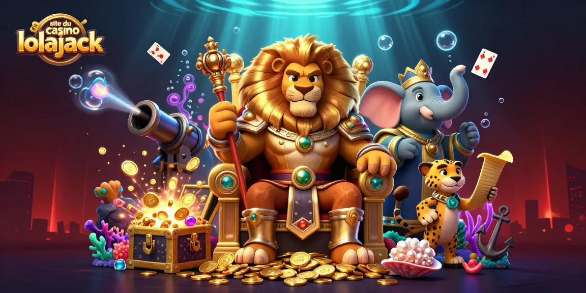 La scène captivante du site du casino lolajack avec un roi lion, un éléphant sage et un guépard messager entourés de trésors et de jeux de casino.