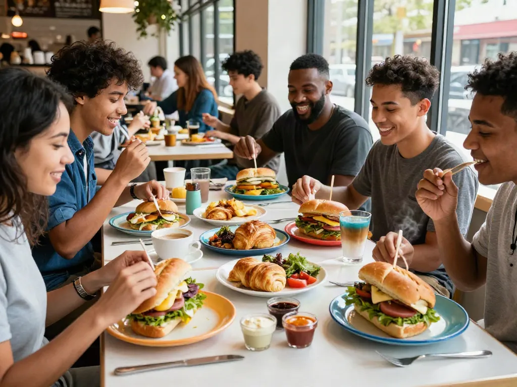 Enjoying breakfast near me (Austin Texas area) with friends at a cozy café featuring NYC-inspired sandwiches and house-made sauces.