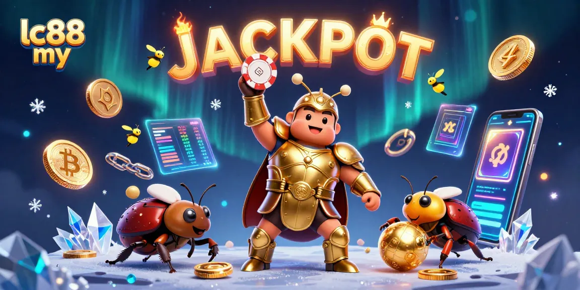 Win big with lc88 my in this vibrant 3D casino scene featuring beetle characters and crypto elements.