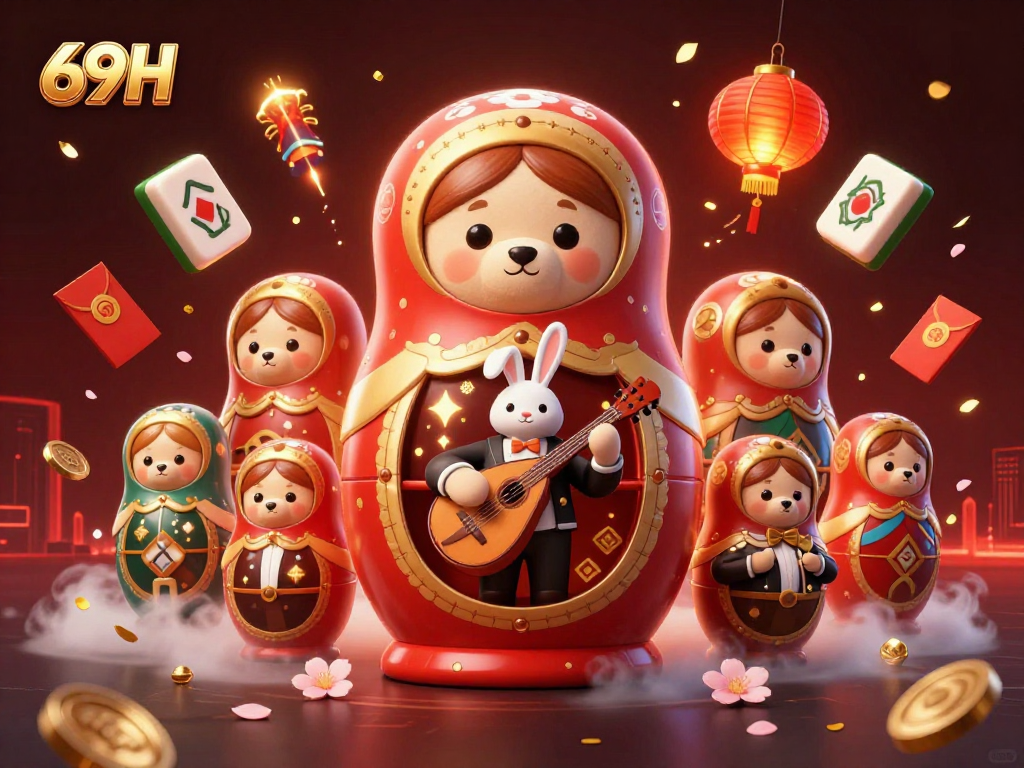 Ilustração 3D ultra-detalhada de 69H com ursos Matryoshka e coelho tocando balalaica em cassino.