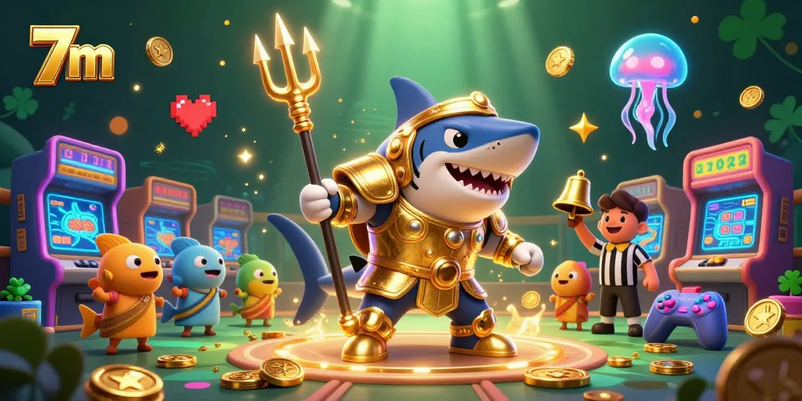 Engage with 7m's thrilling underwater casino experience featuring vibrant arcade games and a golden shark gladiator.