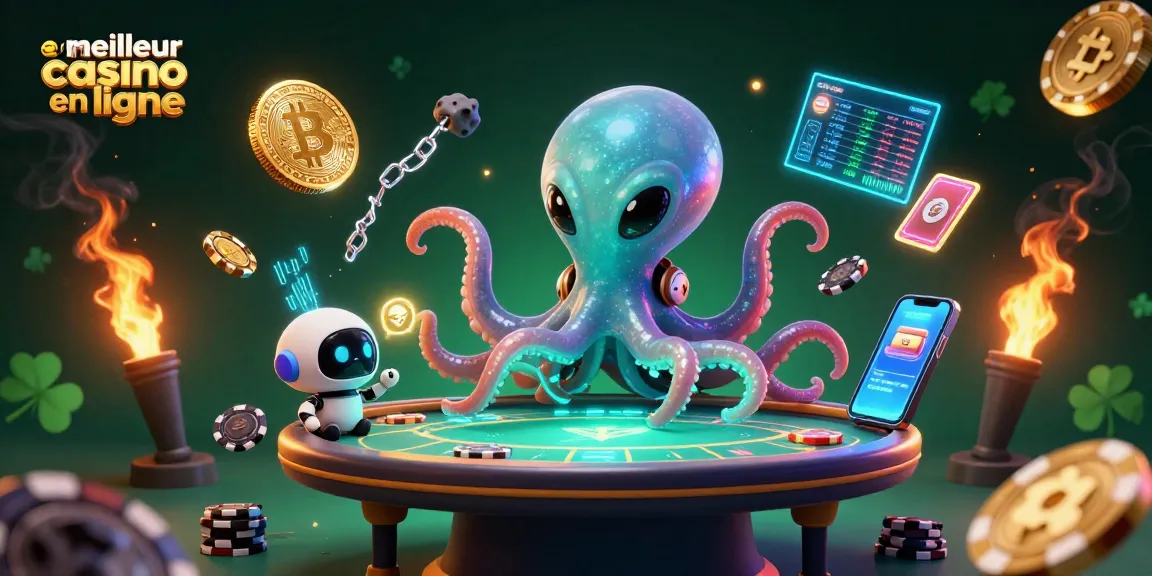 Jouez dans le meilleur casino en ligne avec une illustration captivante d'un octopus extraterrestre et de crypto-monnaies