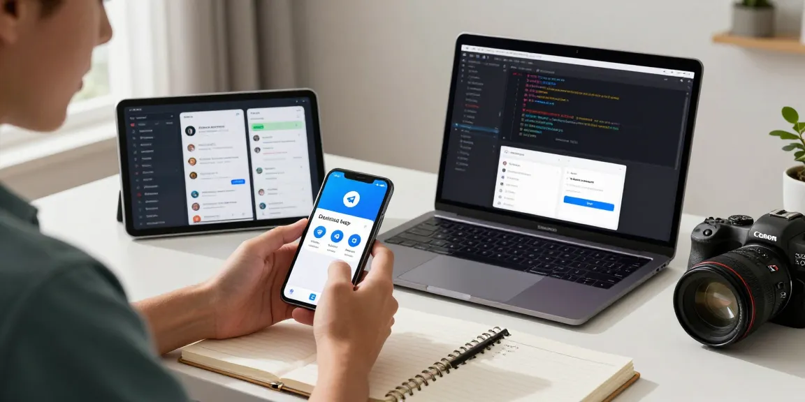 Downloading telegram china apk on smartphone in a modern workspace.