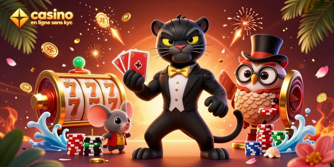 Jouer au casino en ligne sans KYC avec des personnages graphiques animés et des éléments de jeux multicolores.