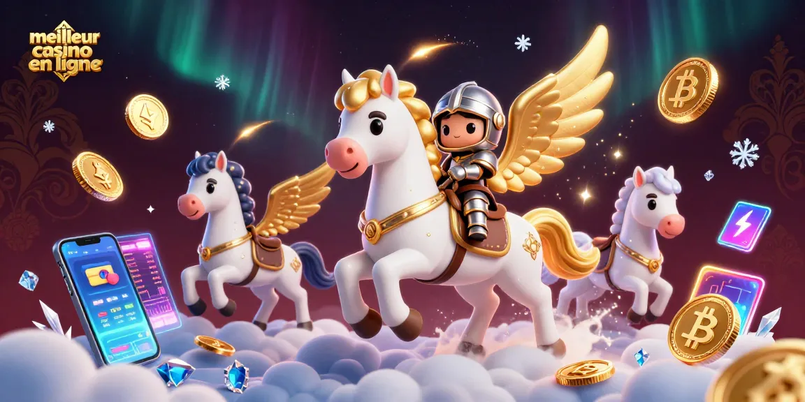 Capture immersive du meilleur casino en ligne avec un cheval céleste et des éléments de crypto-monnaies dans un univers féerique.