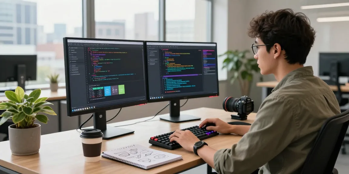 Berita Akasta showcases a tech workspace with a developer coding on dual monitors, emphasizing AI innovation.