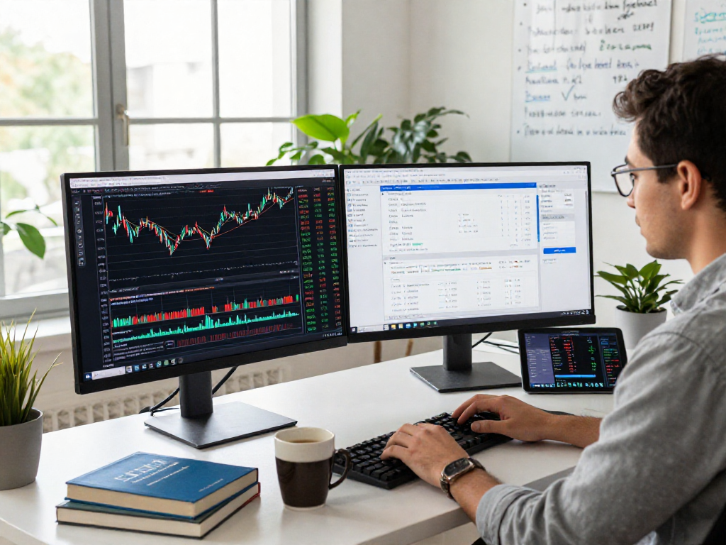 使用TradingView分析股票和外汇行情的专业交易员工作台，现代办公室光线明亮，气氛专注。