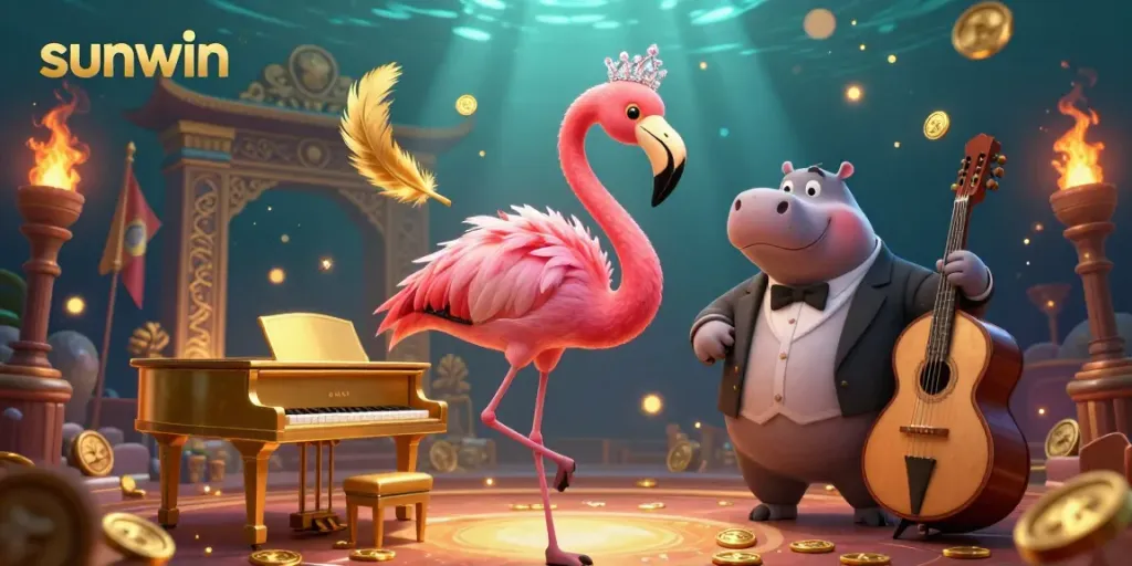 Experience the thrill of sunwin with a vibrant casino scene featuring a singing flamingo and bassist hippo.