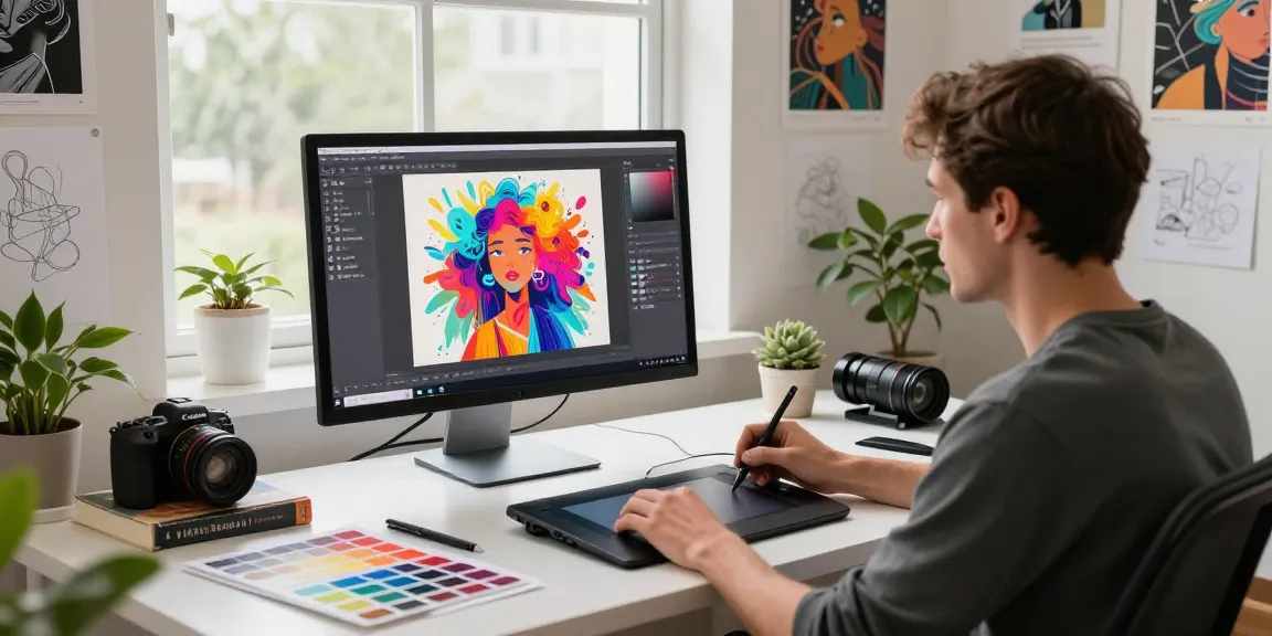 Digital artist using nano banana 2 AI image editor in a creative workspace with vibrant artwork.