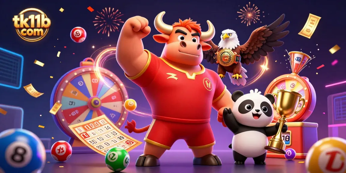 tk11b com celebrates winning moments with dynamic illustrations of games and prizes in a vibrant atmosphere.