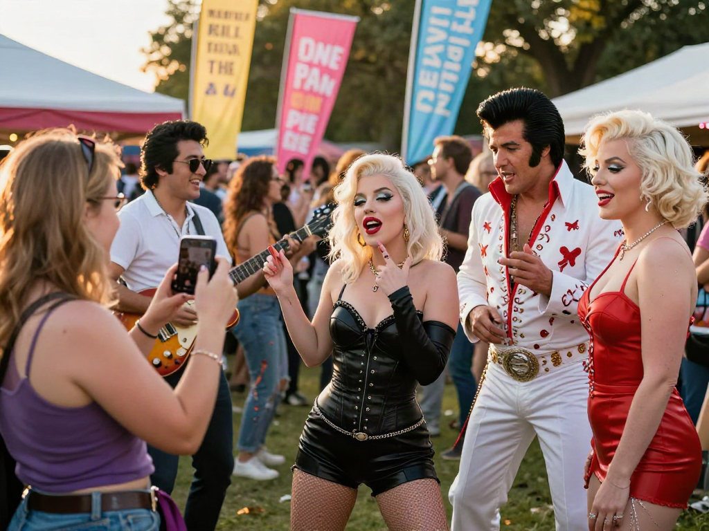 People enjoying a celebrity lookalike event, showcasing look alikes of famous people, vibrant costumes, and joyful interactions.