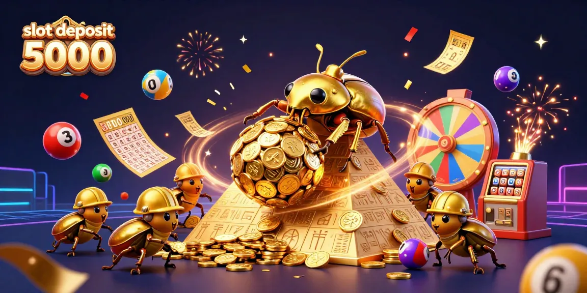 Engage with thrilling gameplay at slot deposit 5000 featuring a dynamic scene of golden beetles and casino symbols.