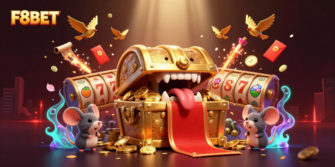 Engage with F8BET's exciting slot games featuring animated golden treasure chests and stunning visuals.
