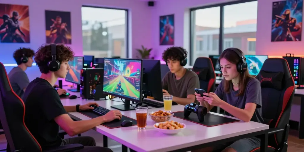 Friends enjoying gaming in a vibrant lounge with luxury333 atmosphere.