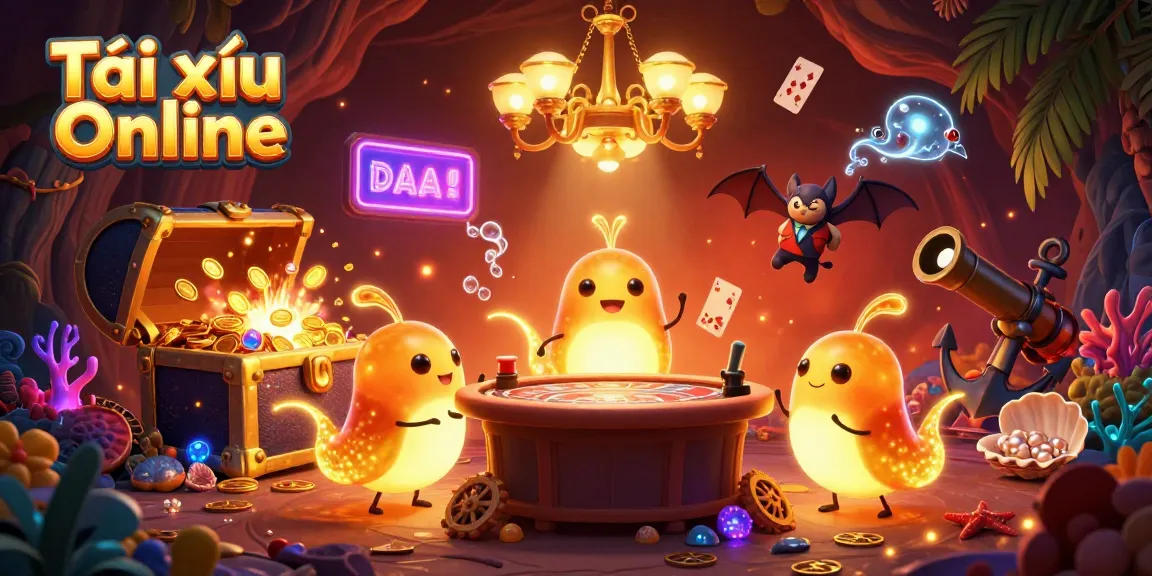 Engage in Tài xỉu Online with a vibrant 3D illustration showcasing glowworm characters and a bat dealer in a dynamic casino.