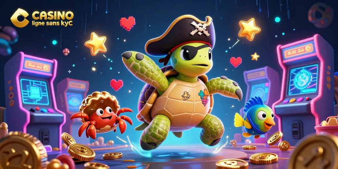 Jouer à casino en ligne sans kyc : illustration animée d'une tortue pirate et ses alliés sur un trésor étincelant.
