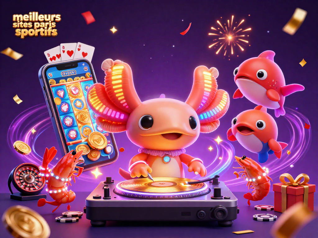 Découvrez les meilleurs sites de paris sportifs avec un DJ axolotl dans un décor animé et vibrant.