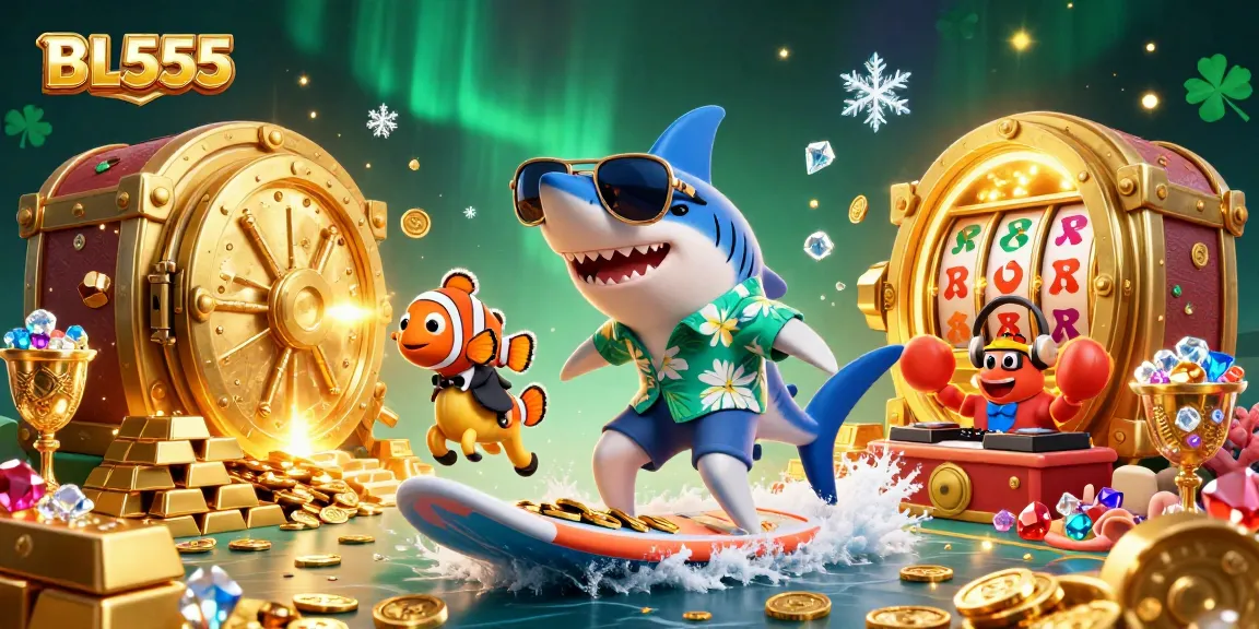 Discover the thrill of BL555 with a vibrant 3D illustration featuring characters amidst treasure and casino game elements.