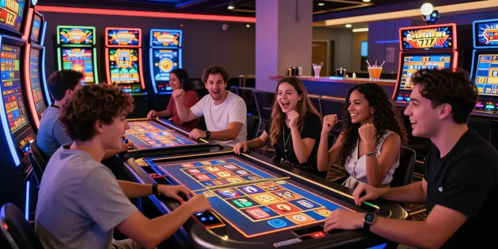 Pemain terlibat dalam permainan slot777 yang memikat dan penuh warna di kasino online, menampilkan suasana penuh energi dan interaksi.
