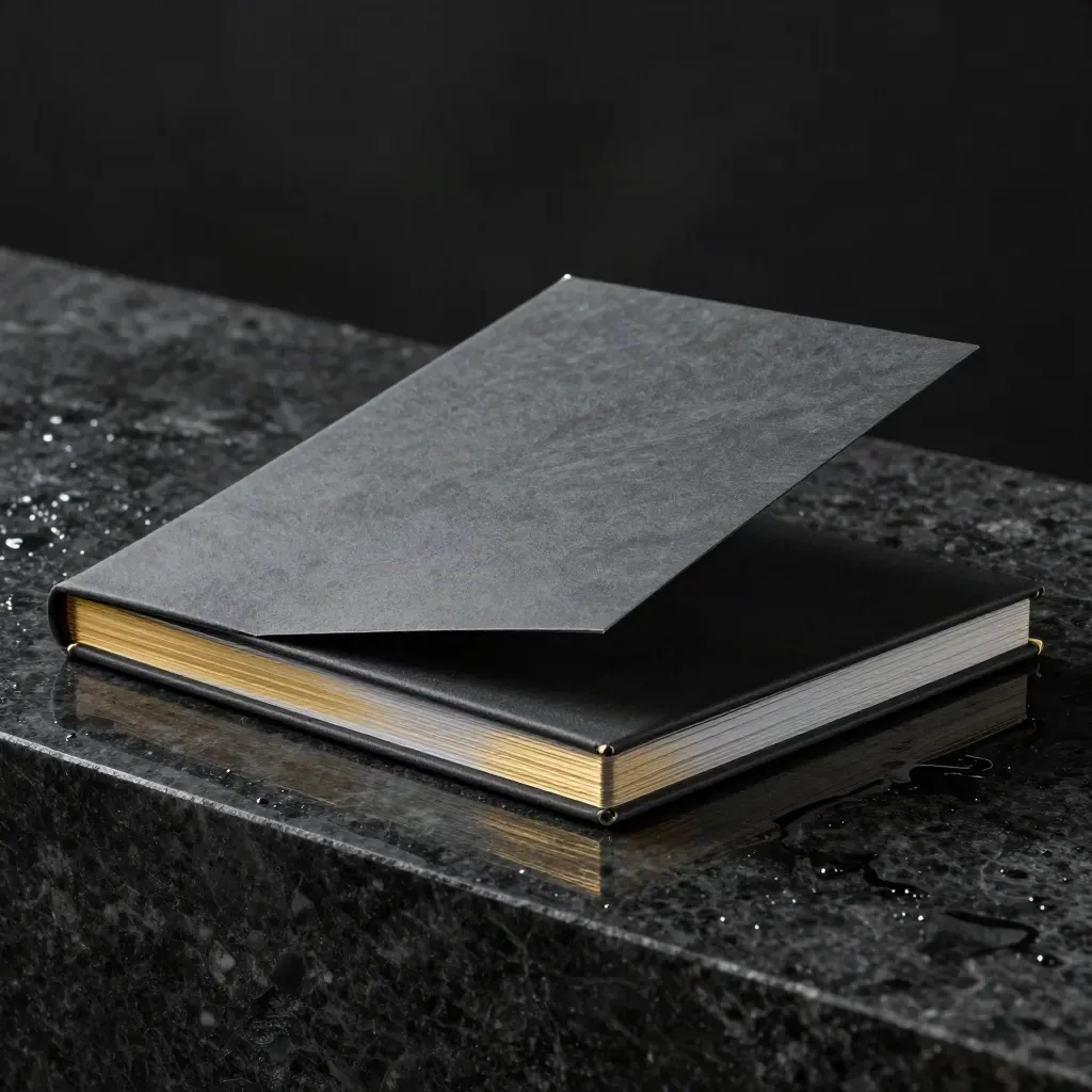 Dark graphite pricing dossier with brass trim on wet stone, lit by cool rim light and soft haze.