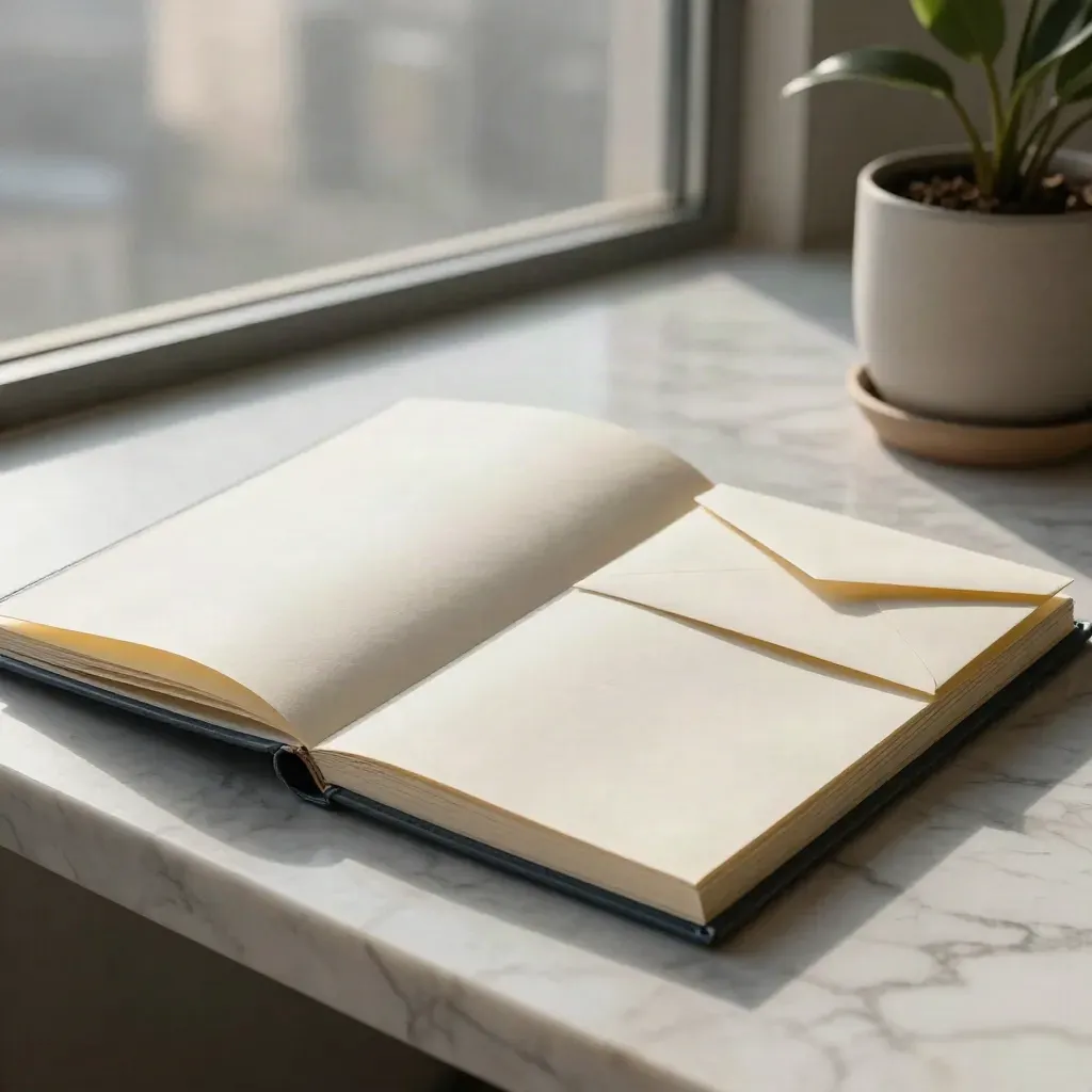 Open valuation folio and sliding envelopes on marble with skyline reflection and plant pot