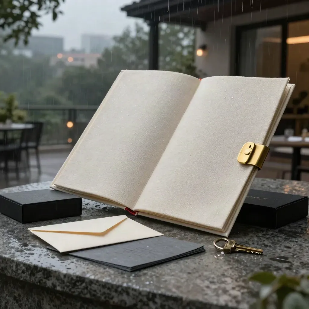 Ivory linen listing folio with brass key fob, envelope, brochure and box on wet limestone at dusk