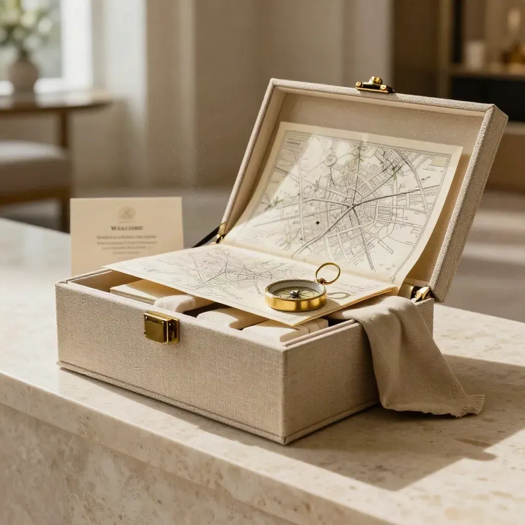 Luxury linen-bound welcome box with map folio, brass compass, cloth wrap, and travertine setting.
