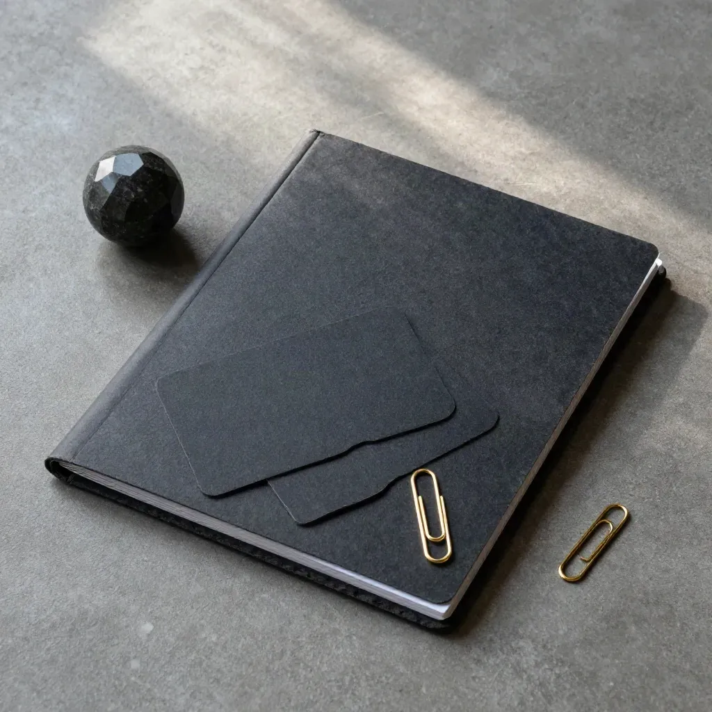 Open slate investor folio with blank cards, brass clip and stone sphere on concrete.