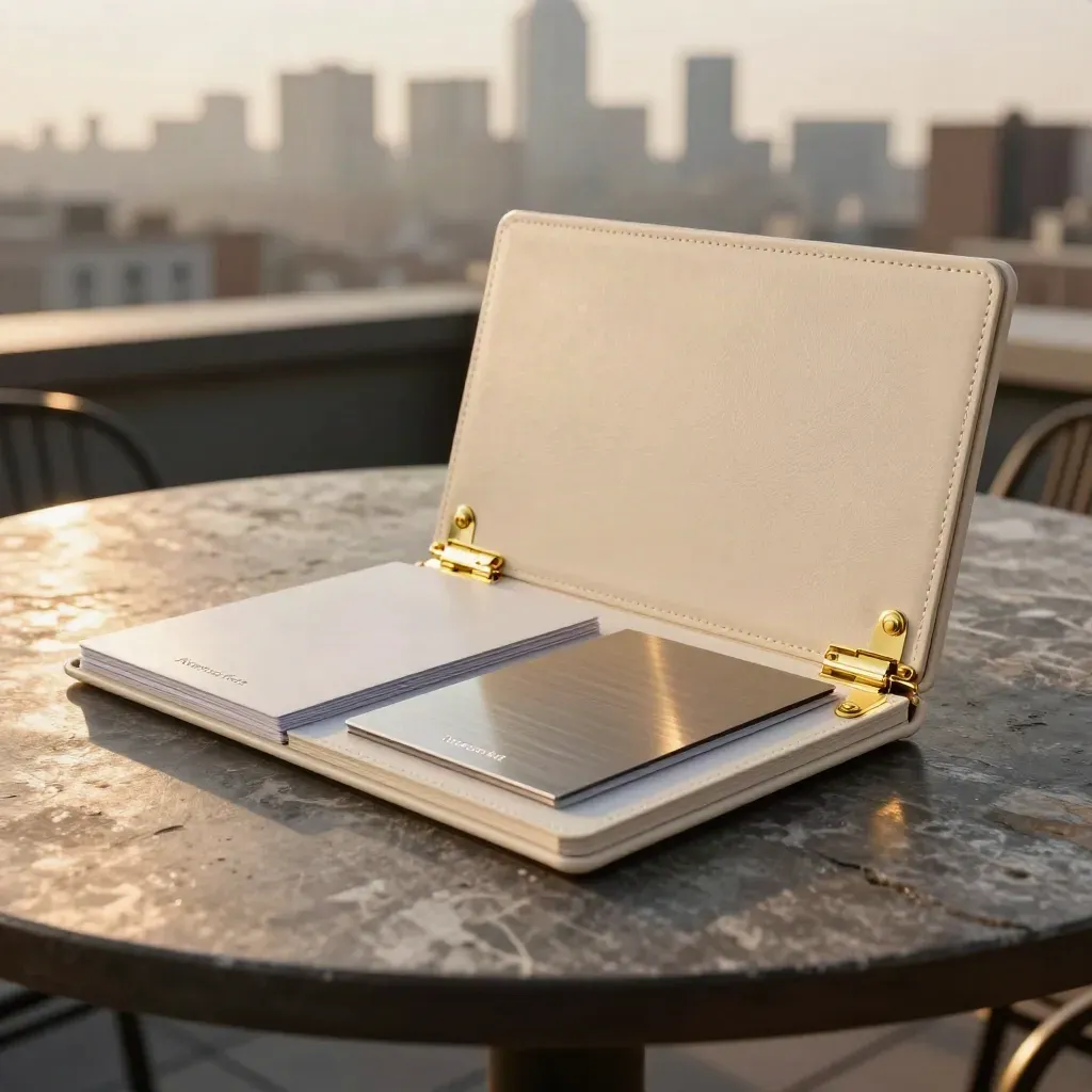 Open ivory launch box with brass accents on a rooftop table, city light behind.