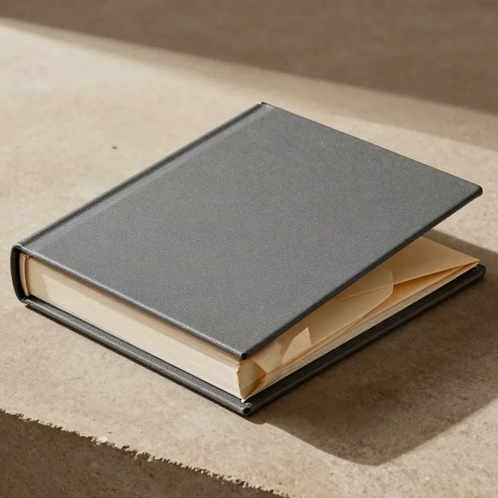 Closed pebble-grain closing-day binder with ivory ribbon and envelope on stone.