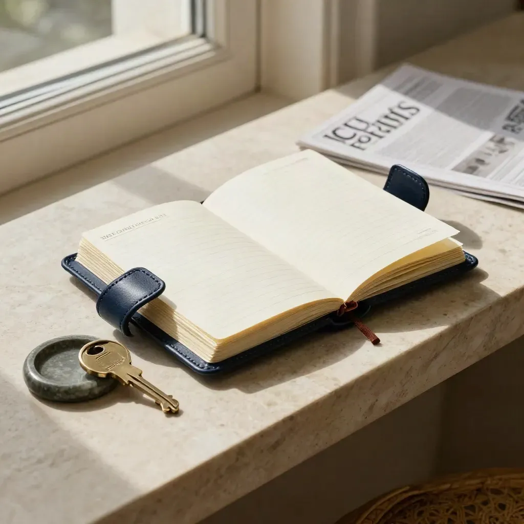 Open navy logbook with brass key on limestone bench, soft window light.