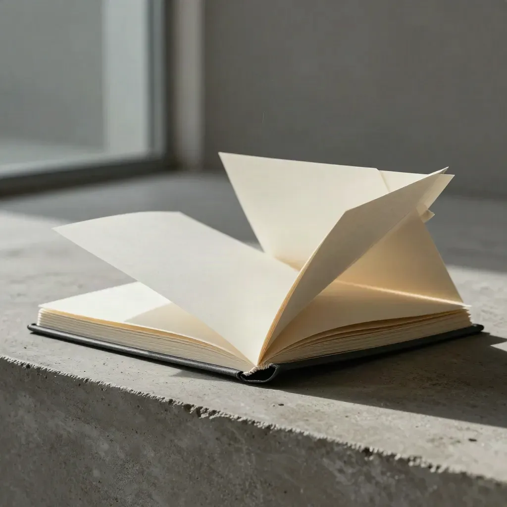 Blank listing-review portfolio with folded note card on concrete, side-lit and premium.