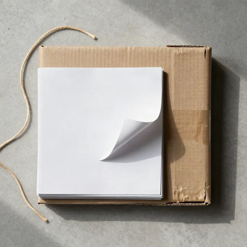 Flatlay of blank move-in box labels beside a taped box corner, twine, and kraft wrap