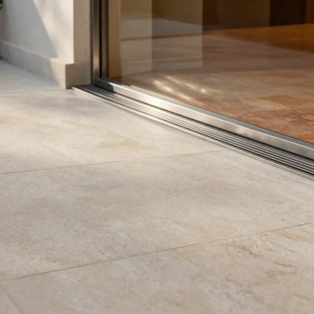 Pale travertine courtyard surface with brushed steel edge and warm reflected light.
