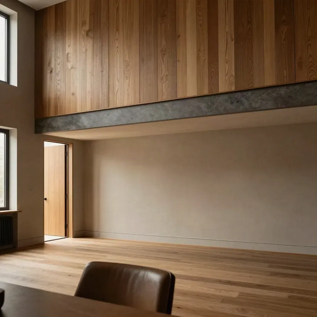Sunlit oak townhouse study with textured paneling, doorway glow, and soft leather chair top