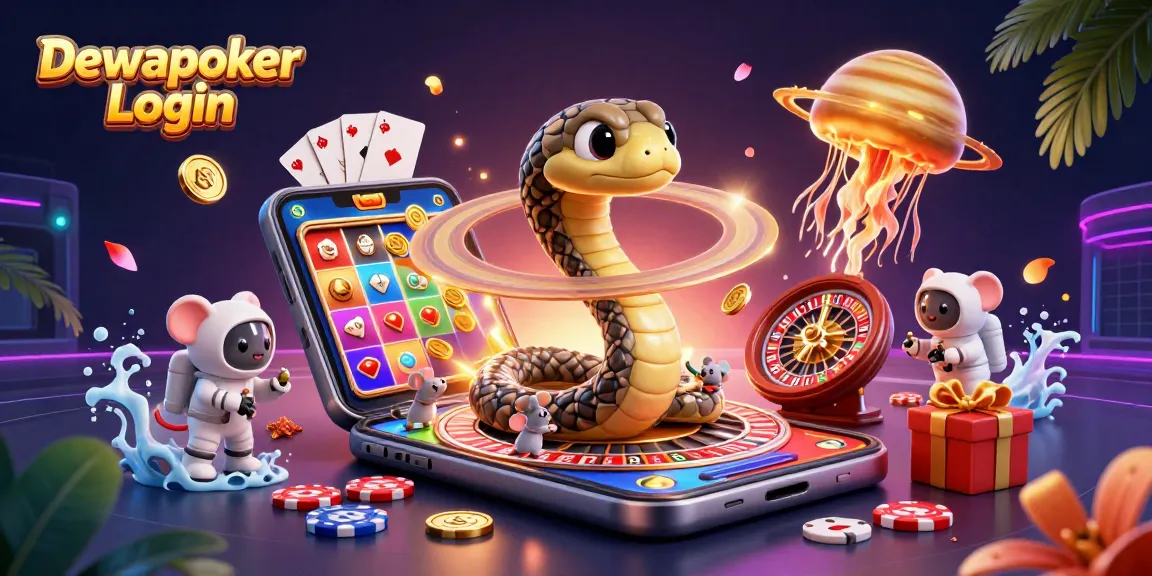 Dewapoker Login showcases fun poker elements as astronaut mice bet and play around a roulette wheel planet.