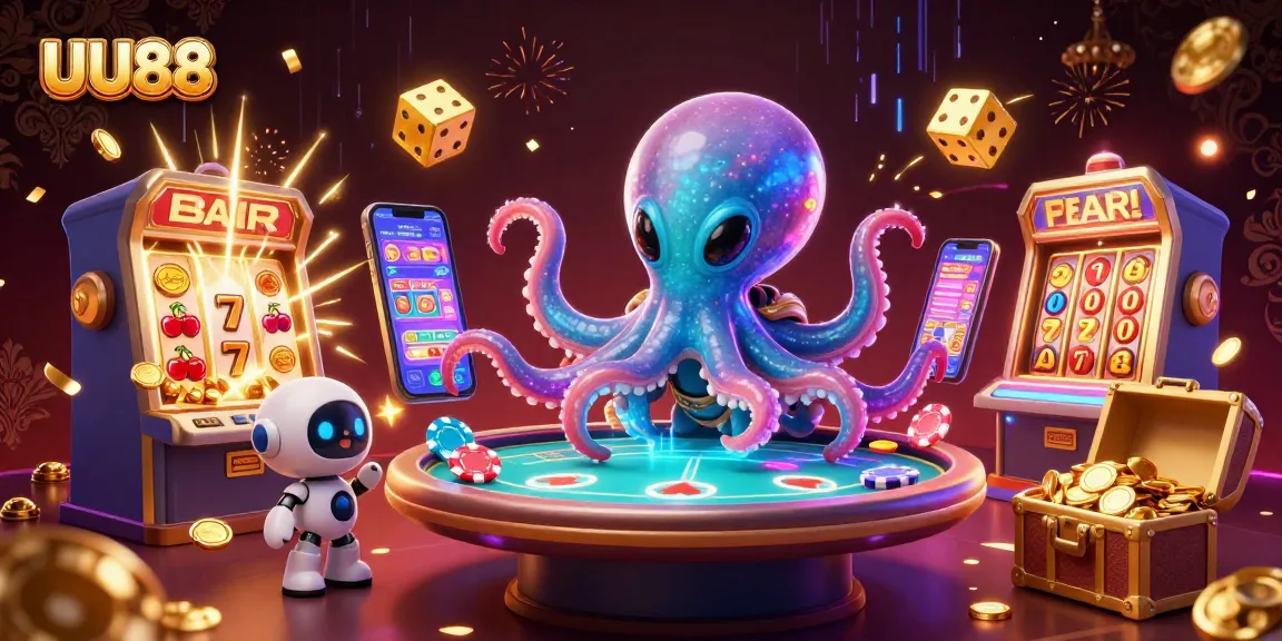 Experience thrilling gameplay at UU88 with an alien octopus operating a holographic poker table amidst dynamic casino elements.