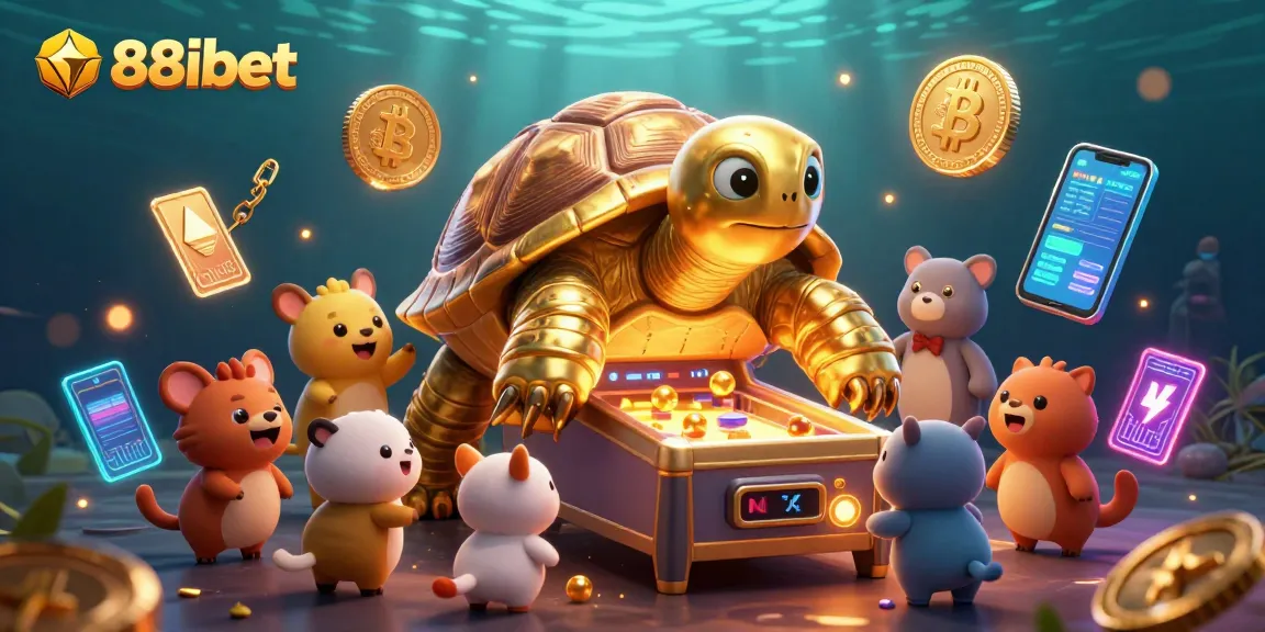 Bet on 88ibet's thrilling gaming scene with a golden tortoise pinball machine and crypto elements.