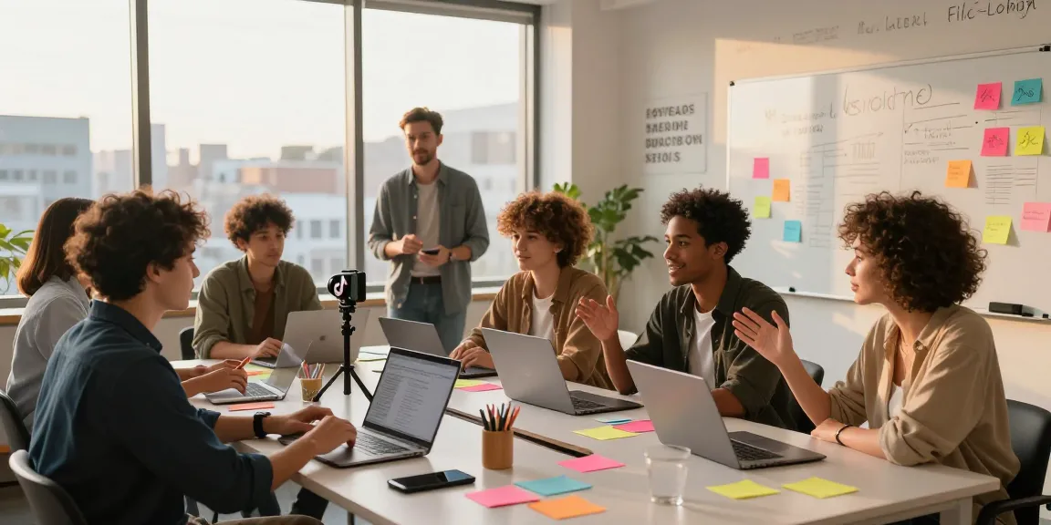Team of creators collaborating to buy real TikTok views in a vibrant office setting